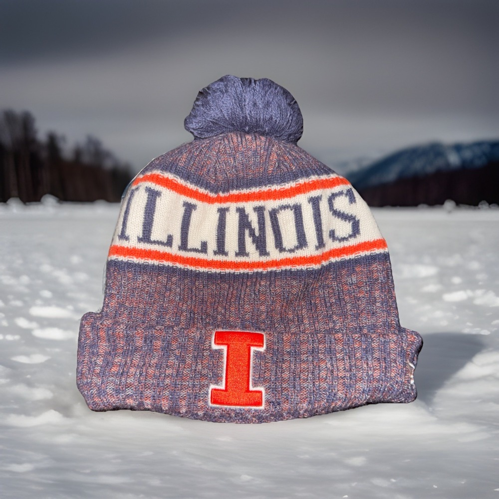 New Era Fighting Illinois University Beanie With Puff Ball/ Illinois Winter Hat